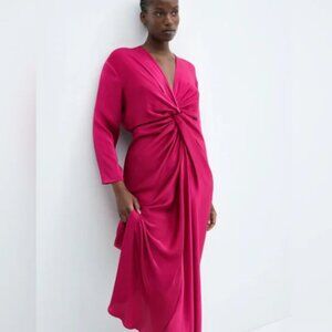 Mango Fuchsia Midi Dress Twist Front